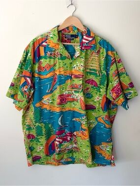 Vintage Polo Ralph Lauren Colorful Shirt Men’s XL Hawaiian Green AOP Lake Summer